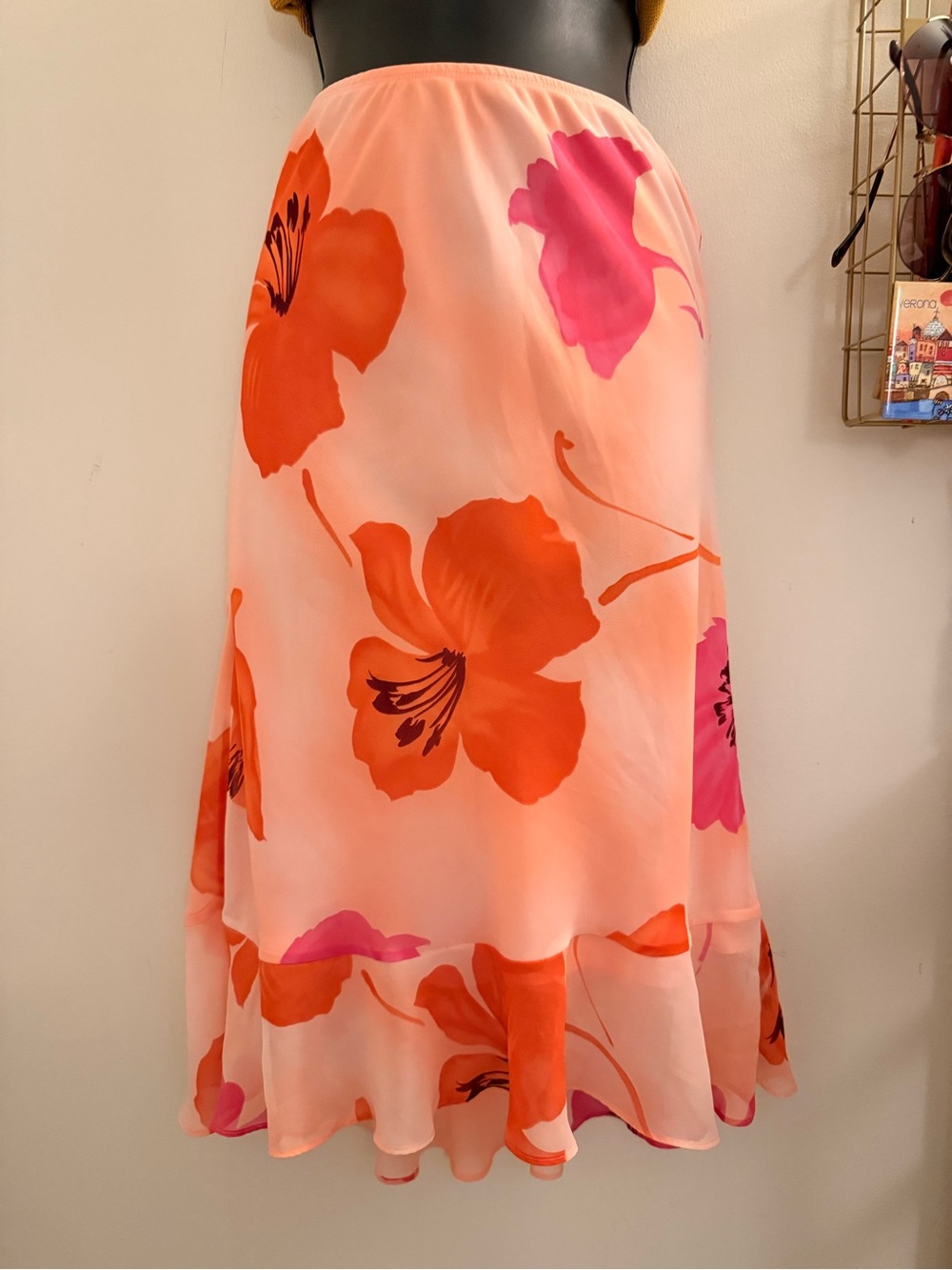 Hibiscus Talbots Pink and Orange Floral Midi Skirt